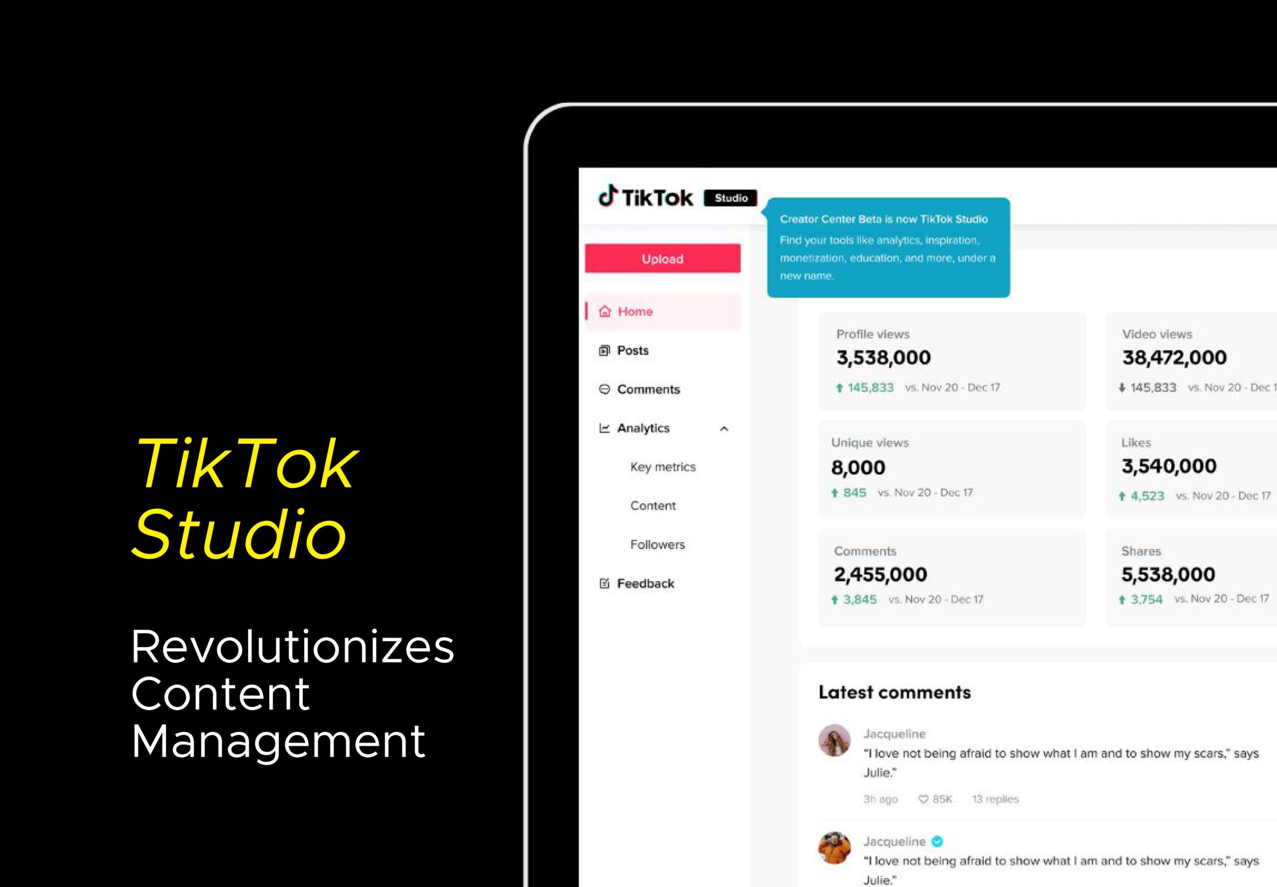 A black background with part of a computer screen to the right and the text "TikTok Studio revolutionises content management"